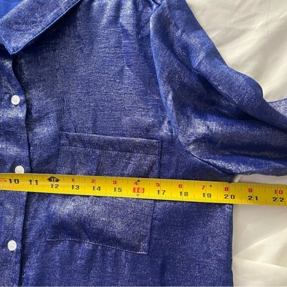SHEIN Metallic Shimmer Button Down Blouse Blue L - Picture 6 of 7